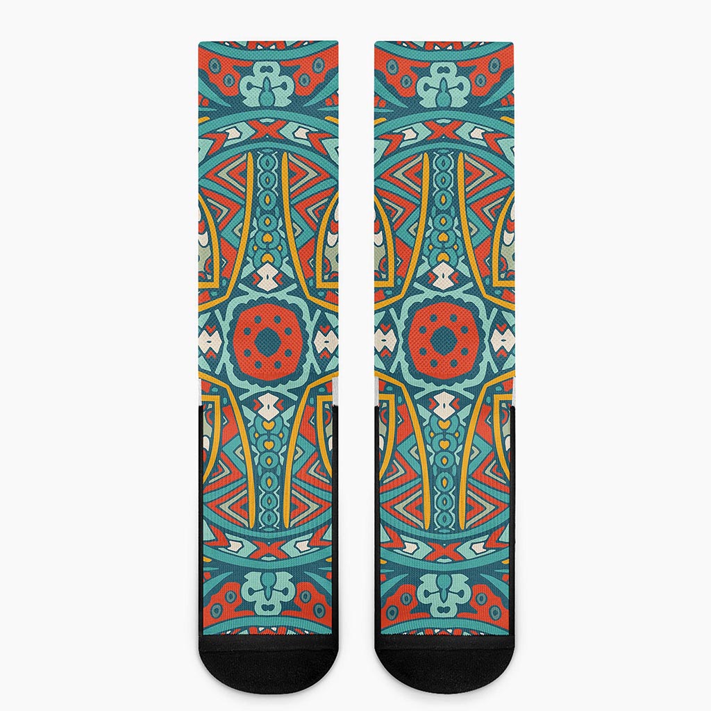 Teal Bohemian Mandala Pattern Print Crew Socks