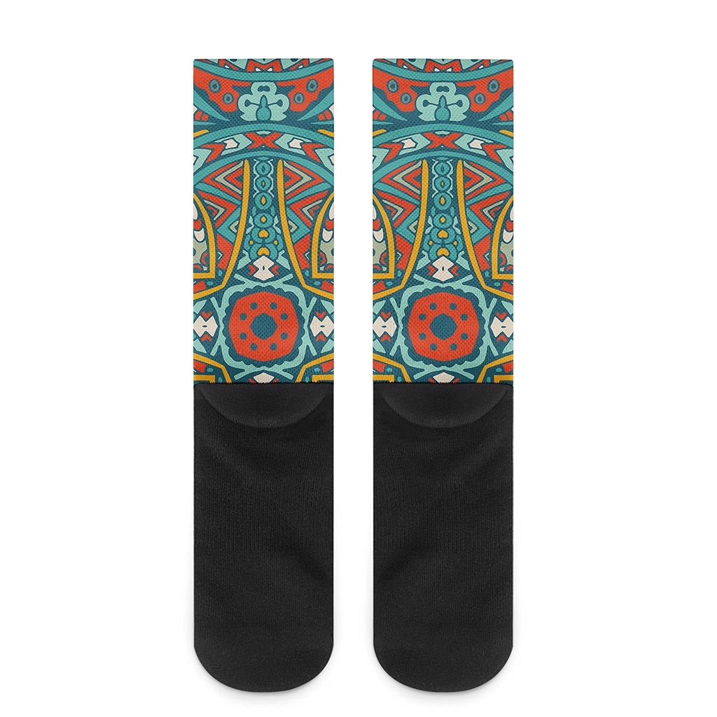 Teal Bohemian Mandala Pattern Print Crew Socks