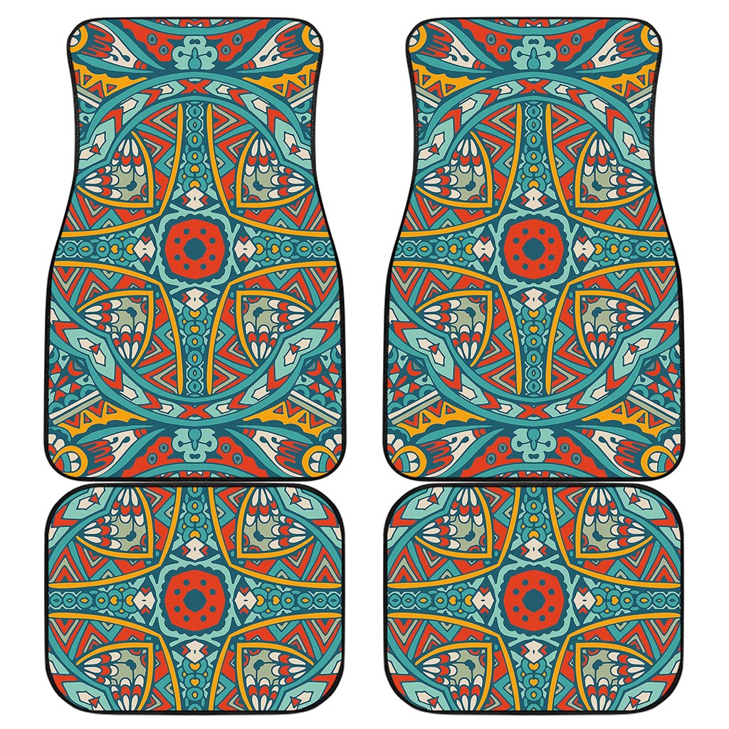 Teal Bohemian Mandala Pattern Print Front and Back Car Floor Mats