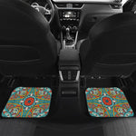 Teal Bohemian Mandala Pattern Print Front and Back Car Floor Mats