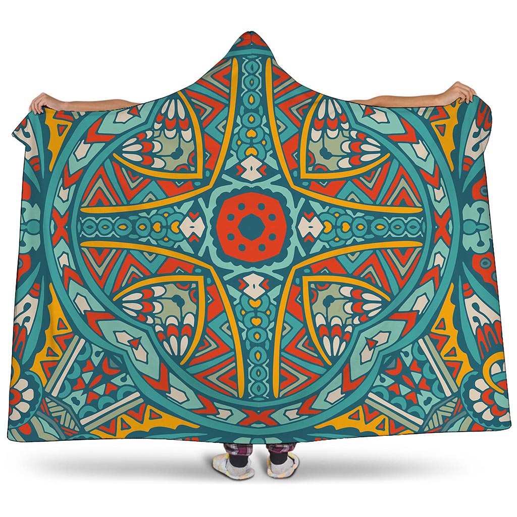 Teal Bohemian Mandala Pattern Print Hooded Blanket
