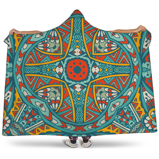 Teal Bohemian Mandala Pattern Print Hooded Blanket