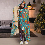 Teal Bohemian Mandala Pattern Print Hooded Blanket