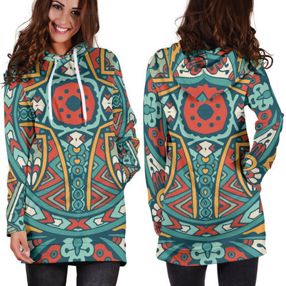 Teal Bohemian Mandala Pattern Print Hoodie Dress GearFrost