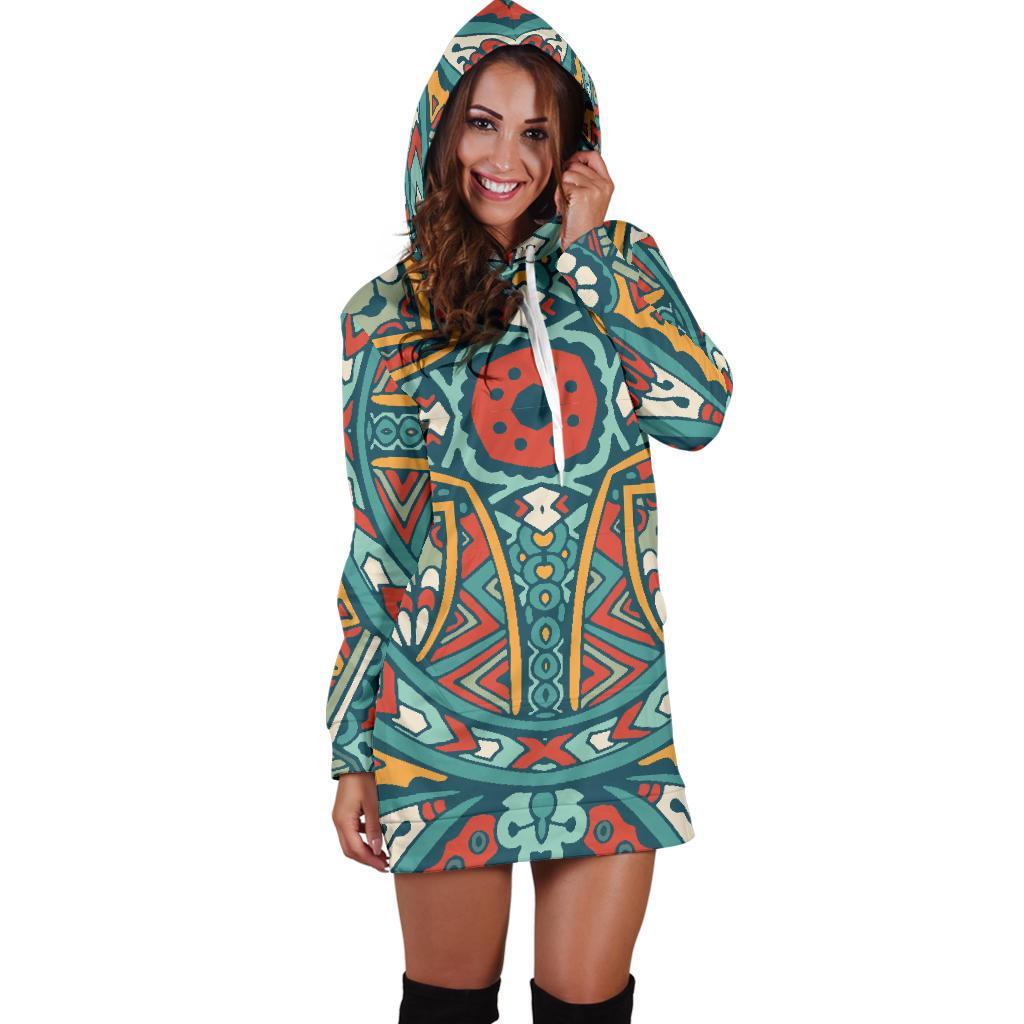 Teal Bohemian Mandala Pattern Print Hoodie Dress GearFrost