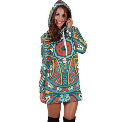Teal Bohemian Mandala Pattern Print Hoodie Dress GearFrost