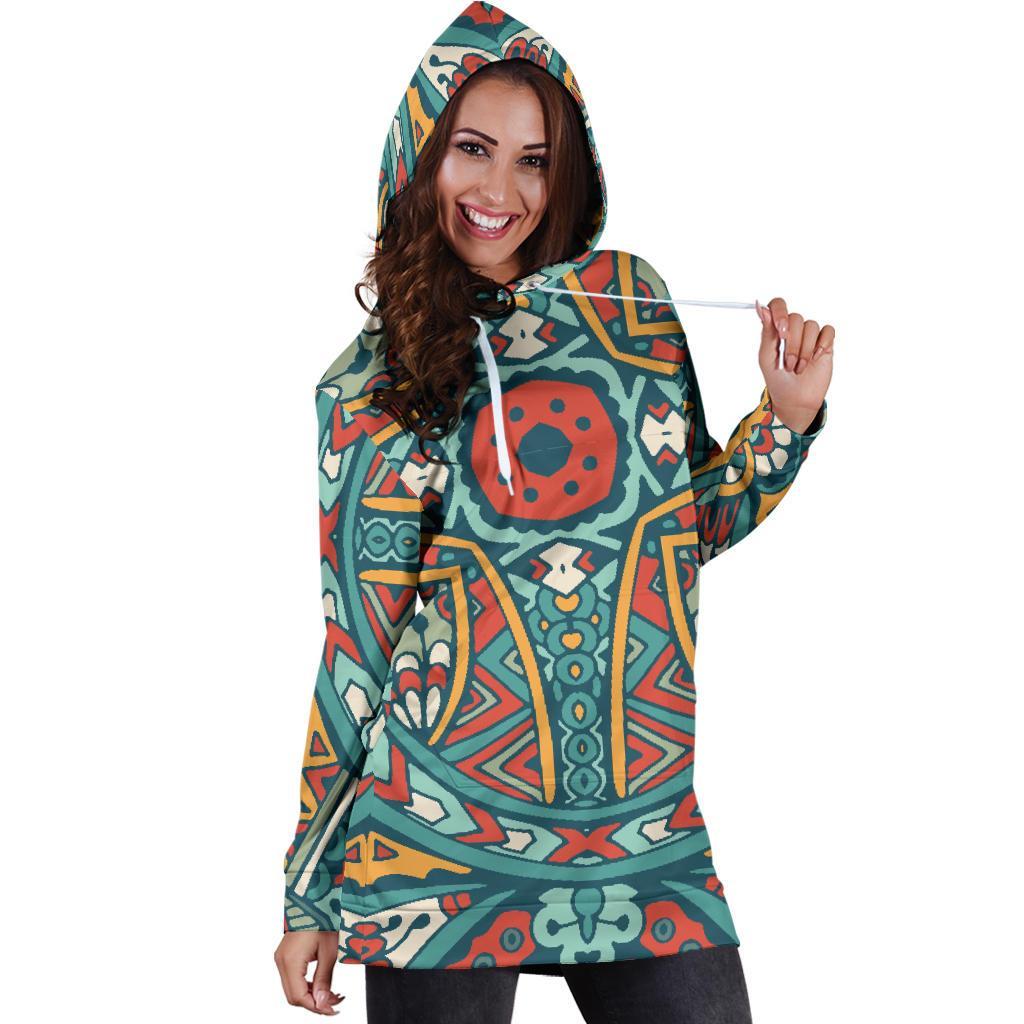 Teal Bohemian Mandala Pattern Print Hoodie Dress GearFrost