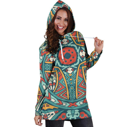 Teal Bohemian Mandala Pattern Print Hoodie Dress GearFrost