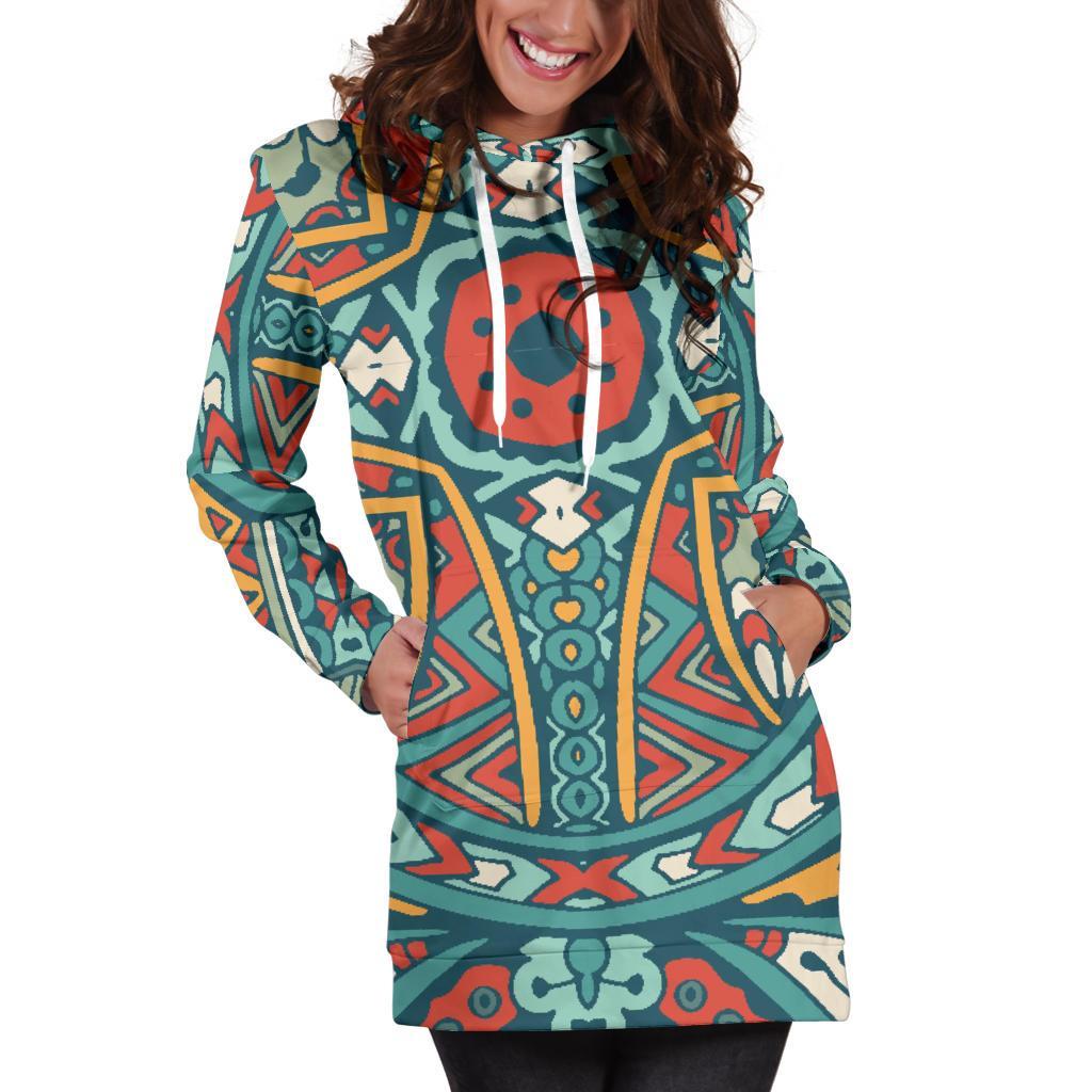 Teal Bohemian Mandala Pattern Print Hoodie Dress GearFrost
