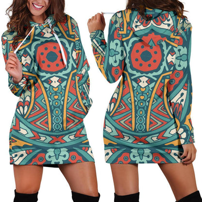 Teal Bohemian Mandala Pattern Print Hoodie Dress GearFrost