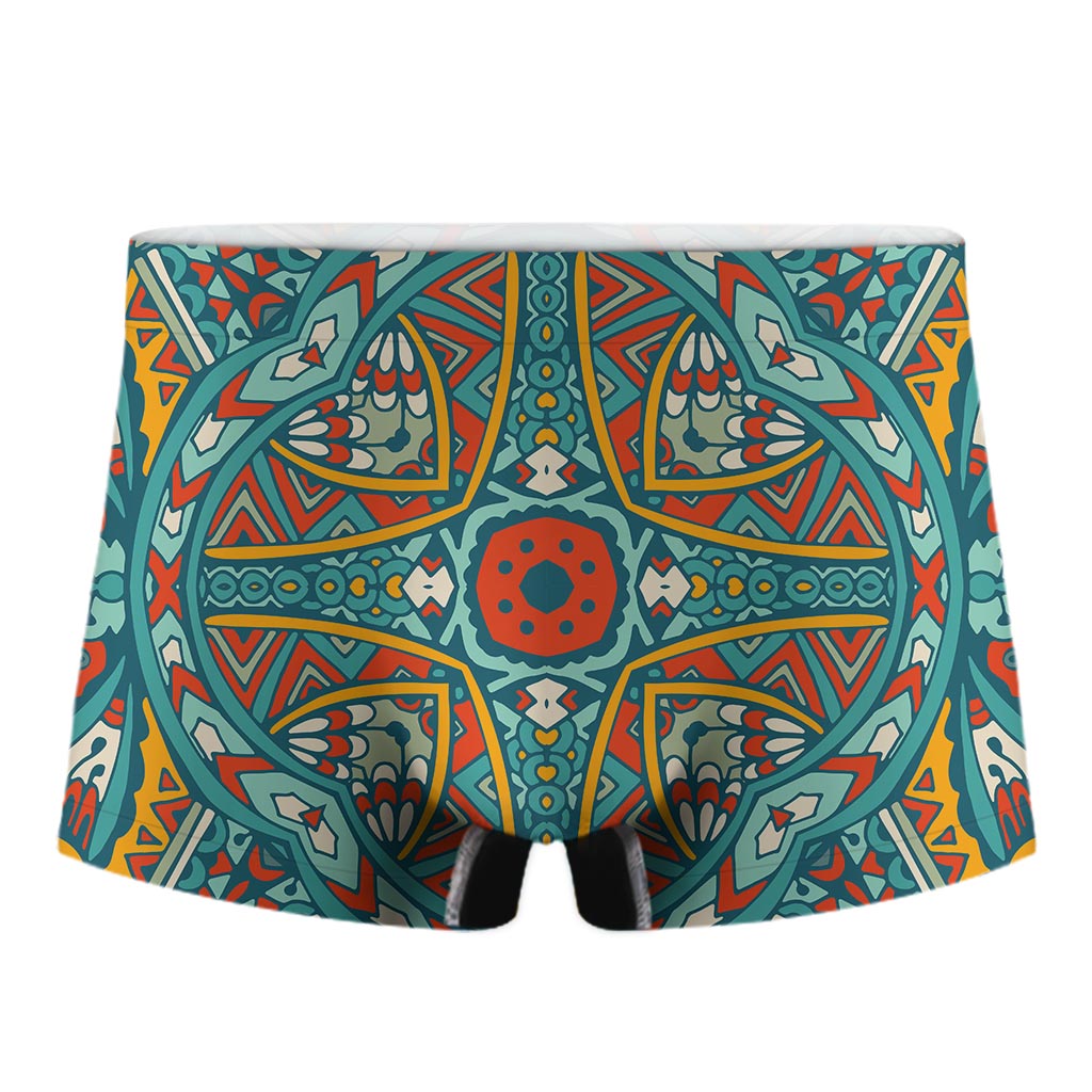 Teal Bohemian Mandala Pattern Print Men's Boxer Briefs