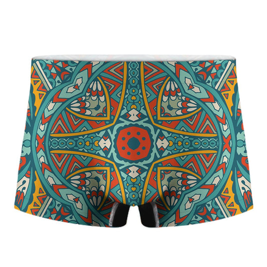 Teal Bohemian Mandala Pattern Print Men's Boxer Briefs