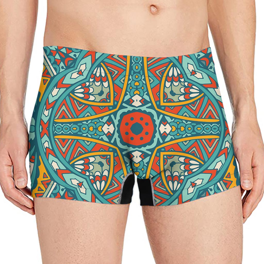 Teal Bohemian Mandala Pattern Print Men's Boxer Briefs