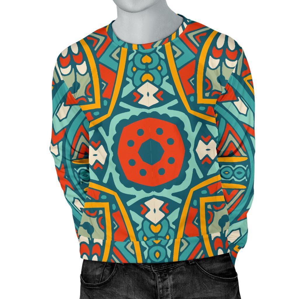 Teal Bohemian Mandala Pattern Print Men's Crewneck Sweatshirt GearFrost