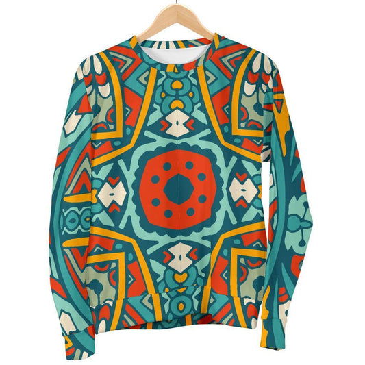 Teal Bohemian Mandala Pattern Print Men's Crewneck Sweatshirt GearFrost