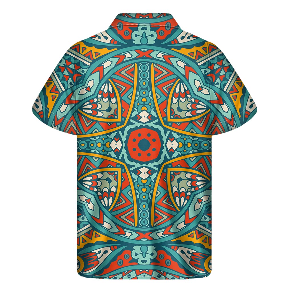 Teal Bohemian Mandala Pattern Print Men's Short Sleeve Shirt