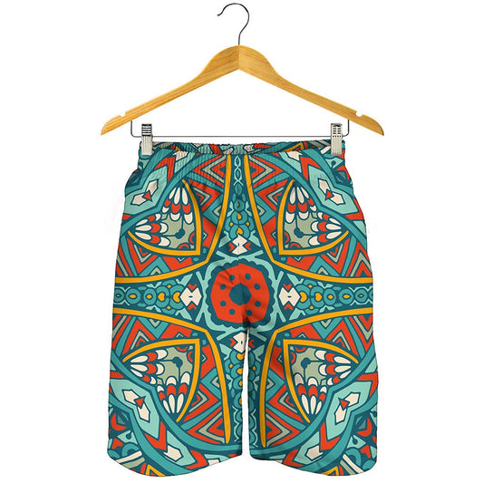 Teal Bohemian Mandala Pattern Print Men's Shorts