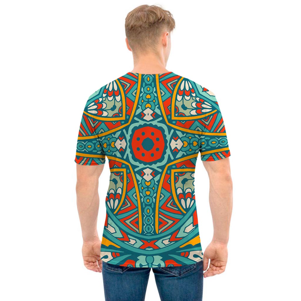 Teal Bohemian Mandala Pattern Print Men's T-Shirt