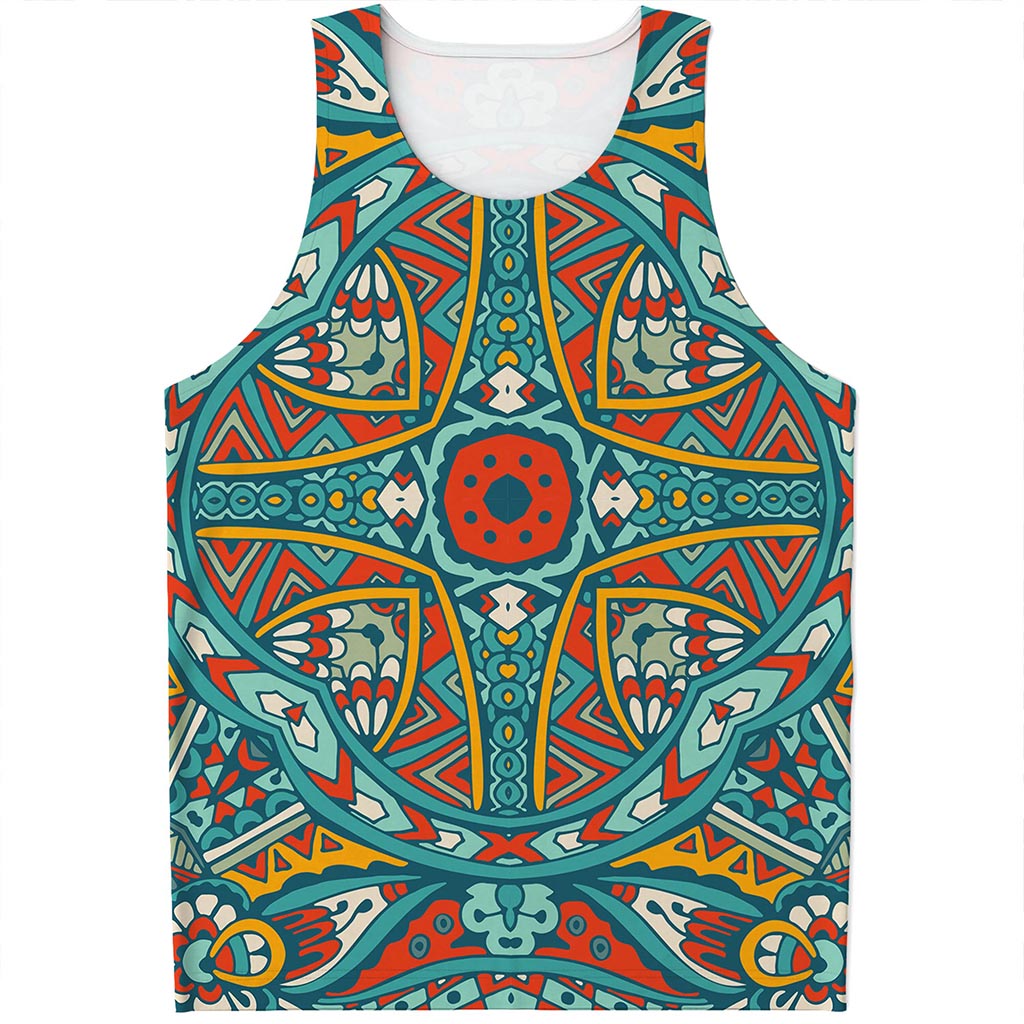 Teal Bohemian Mandala Pattern Print Men's Tank Top