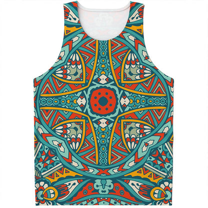Teal Bohemian Mandala Pattern Print Men's Tank Top