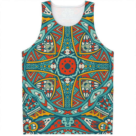 Teal Bohemian Mandala Pattern Print Men's Tank Top