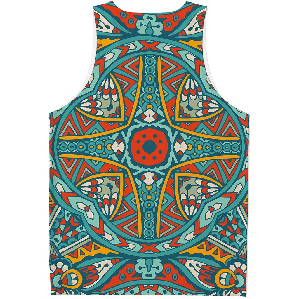 Teal Bohemian Mandala Pattern Print Men's Tank Top