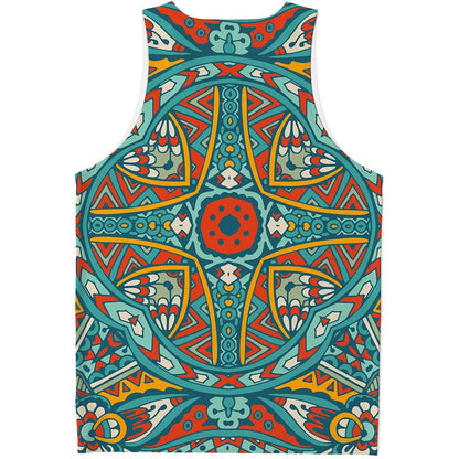Teal Bohemian Mandala Pattern Print Men's Tank Top