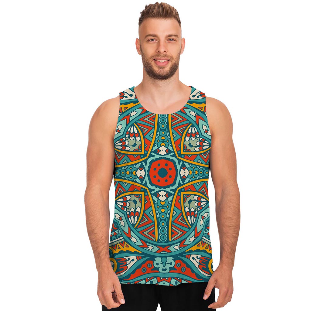 Teal Bohemian Mandala Pattern Print Men's Tank Top