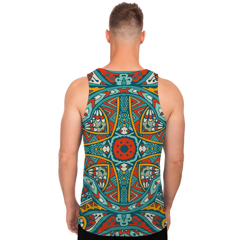 Teal Bohemian Mandala Pattern Print Men's Tank Top