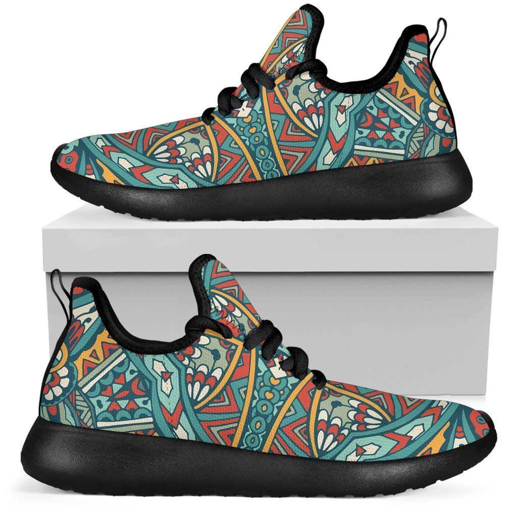 Teal Bohemian Mandala Pattern Print Mesh Knit Shoes GearFrost