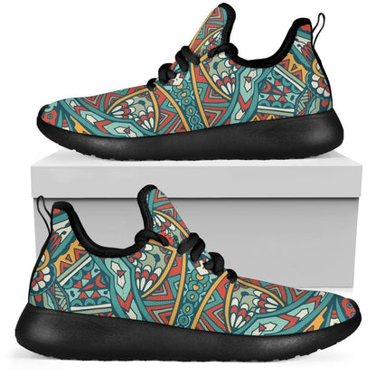 Teal Bohemian Mandala Pattern Print Mesh Knit Shoes GearFrost
