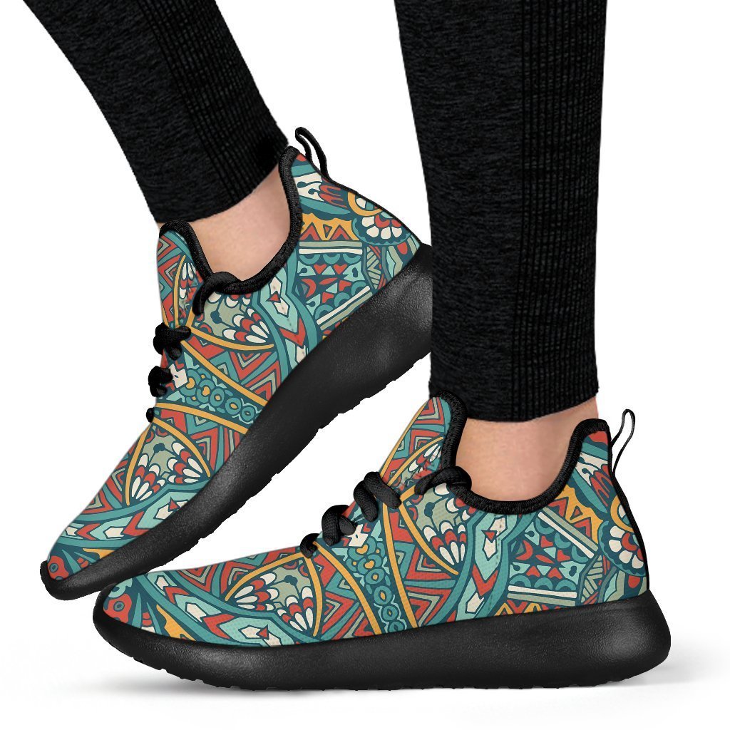 Teal Bohemian Mandala Pattern Print Mesh Knit Shoes GearFrost