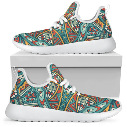 Teal Bohemian Mandala Pattern Print Mesh Knit Shoes GearFrost