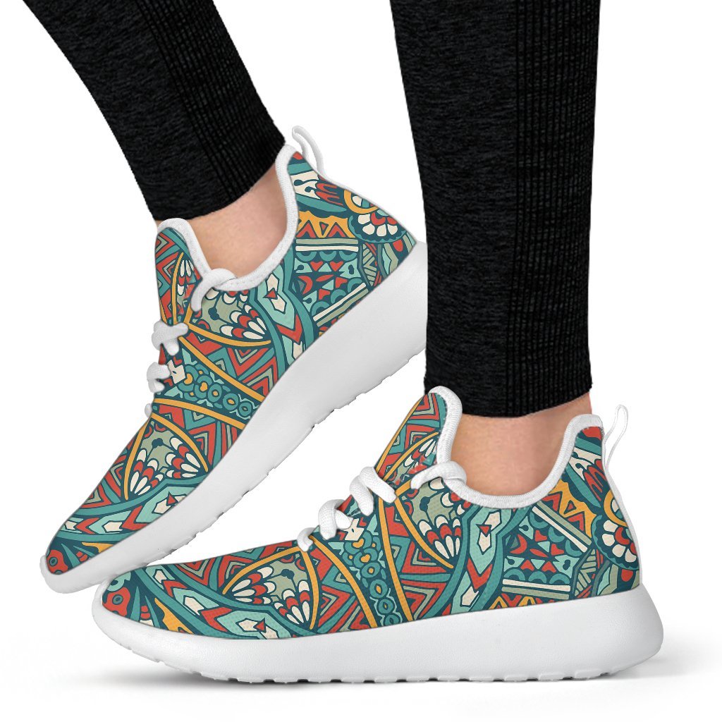 Teal Bohemian Mandala Pattern Print Mesh Knit Shoes GearFrost