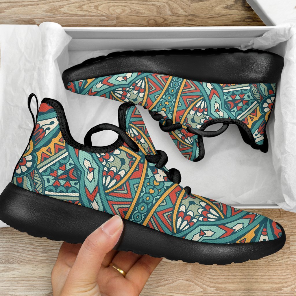 Teal Bohemian Mandala Pattern Print Mesh Knit Shoes GearFrost