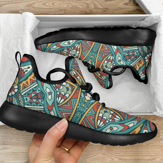 Teal Bohemian Mandala Pattern Print Mesh Knit Shoes GearFrost