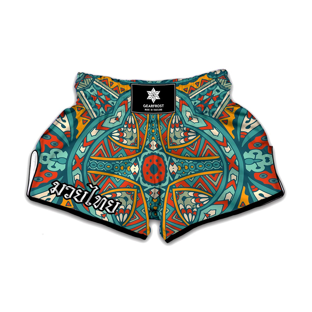 Teal Bohemian Mandala Pattern Print Muay Thai Boxing Shorts