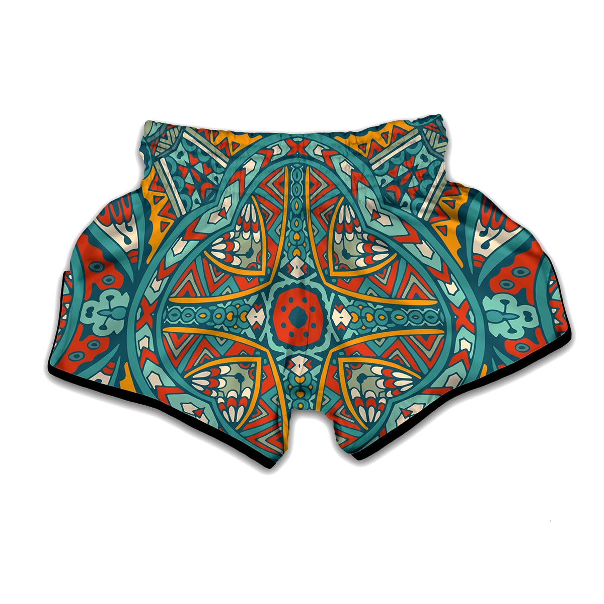 Teal Bohemian Mandala Pattern Print Muay Thai Boxing Shorts