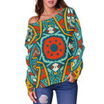 Teal Bohemian Mandala Pattern Print Off Shoulder Sweatshirt GearFrost