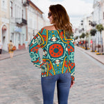 Teal Bohemian Mandala Pattern Print Off Shoulder Sweatshirt GearFrost