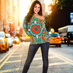 Teal Bohemian Mandala Pattern Print Off Shoulder Sweatshirt GearFrost