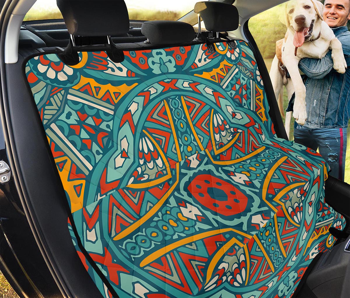 Teal Bohemian Mandala Pattern Print Pet Car Back Seat Cover
