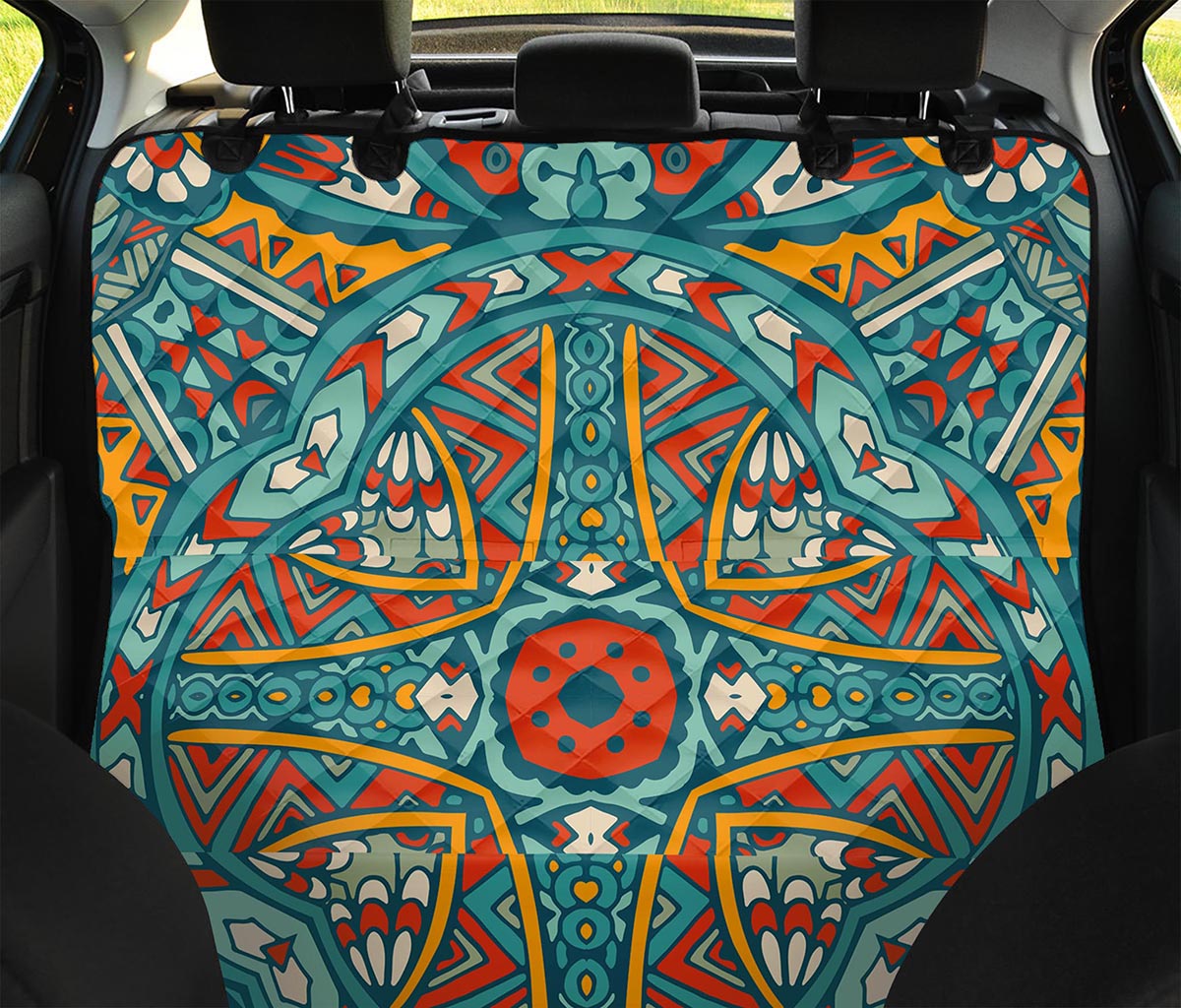 Teal Bohemian Mandala Pattern Print Pet Car Back Seat Cover