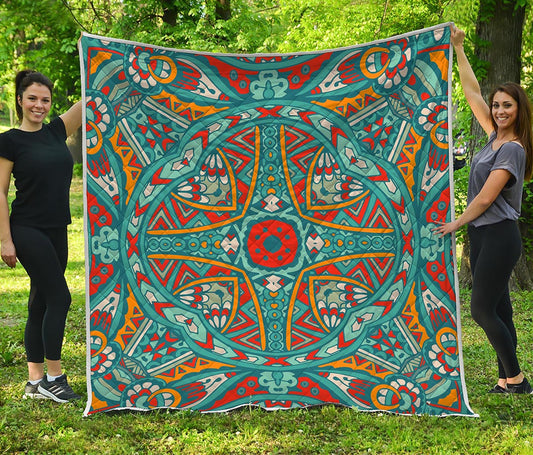 Teal Bohemian Mandala Pattern Print Quilt