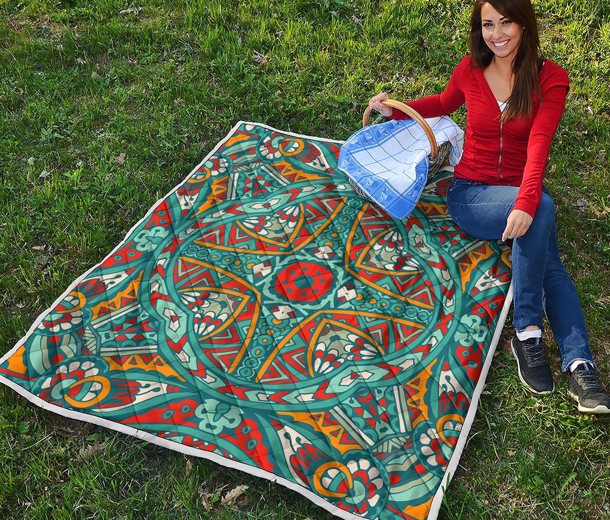 Teal Bohemian Mandala Pattern Print Quilt