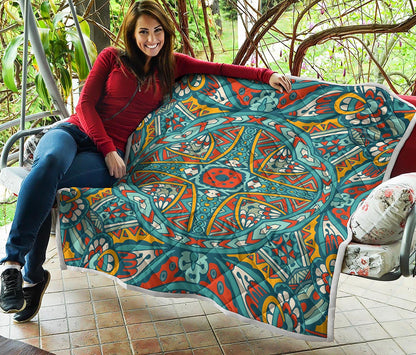 Teal Bohemian Mandala Pattern Print Quilt