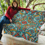 Teal Bohemian Mandala Pattern Print Quilt