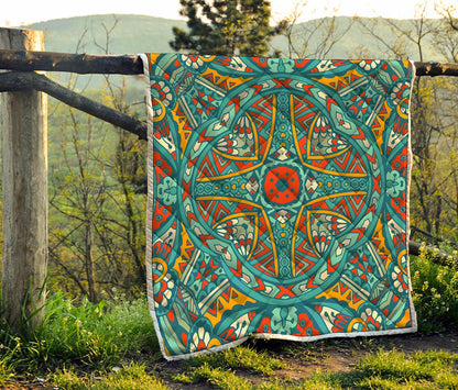 Teal Bohemian Mandala Pattern Print Quilt