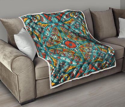 Teal Bohemian Mandala Pattern Print Quilt