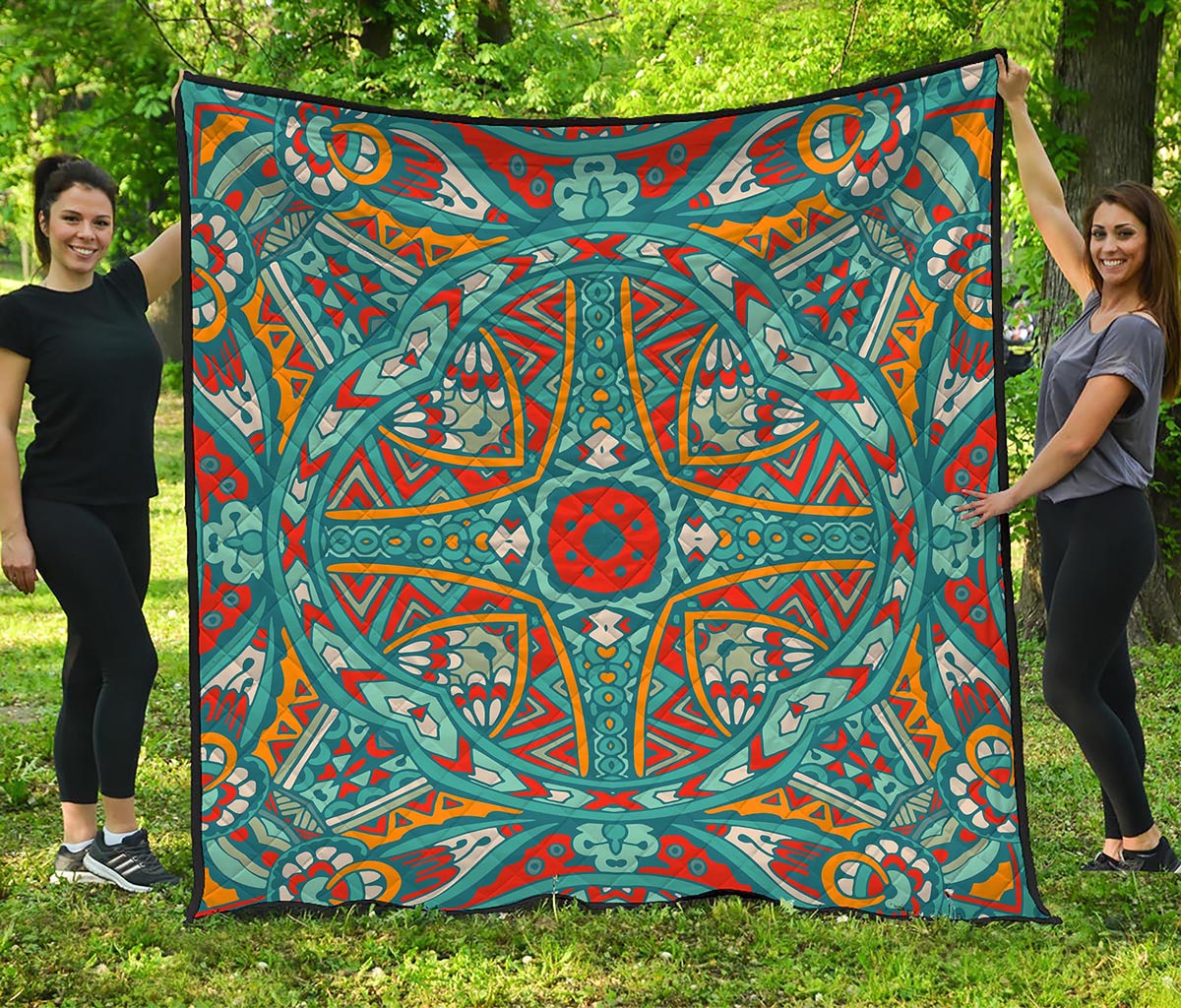 Teal Bohemian Mandala Pattern Print Quilt